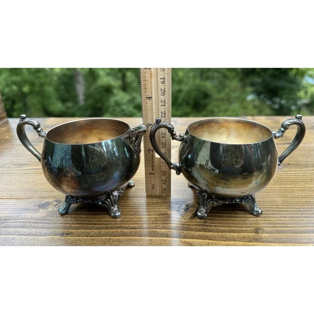 Vintage Oneida Silverplate Creamer Sugar Bowl Set Footed Ornate Handles